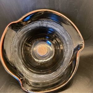 Small Handmade Signed Stoneware Pottery Bowl with Attached Metal Flower Frog